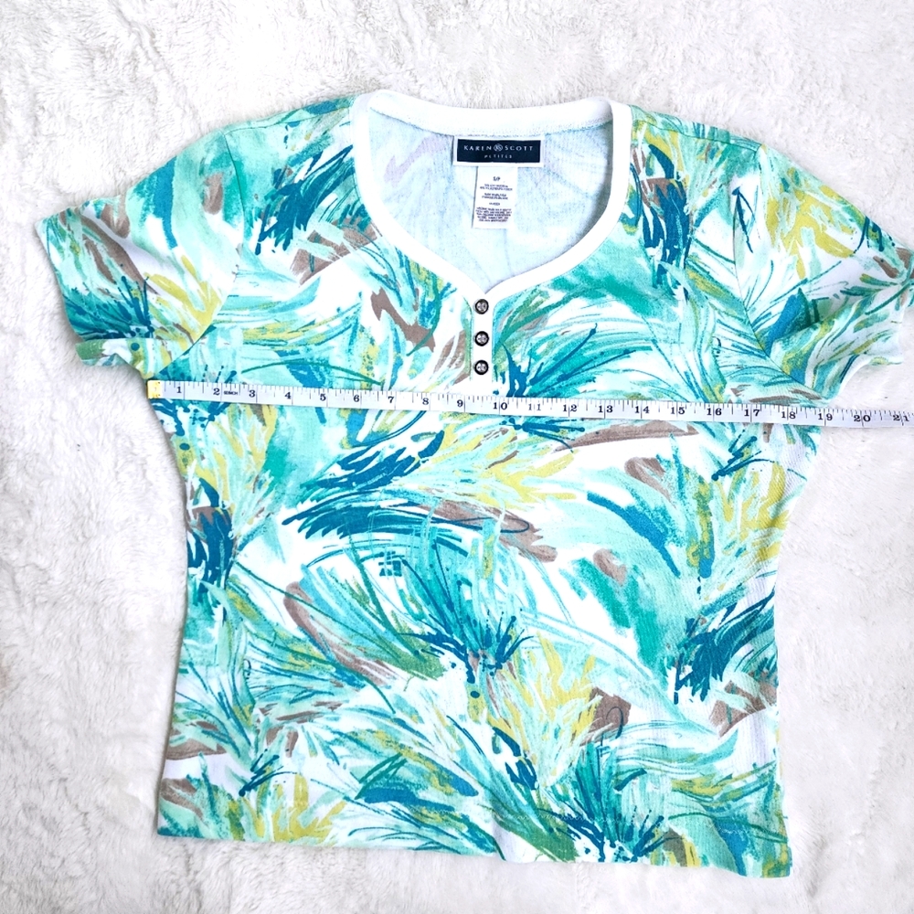 EUC  KAREN SCOTT TEAL ABSTRACT PRINT T-SHIRT ~ SIZE SMALL PETITE